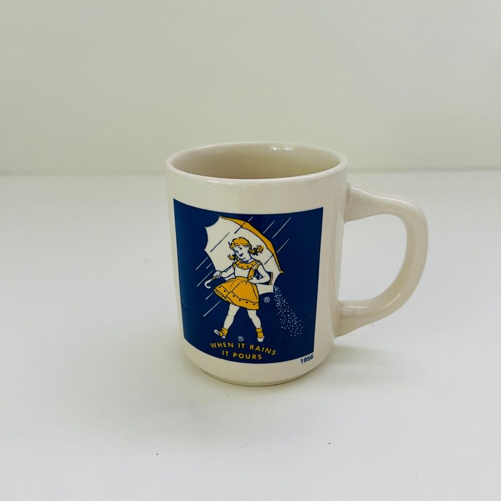 MORTON SALT 1956 Commemorative Logo "When It Rains It Pours" Coffee Mug Cup